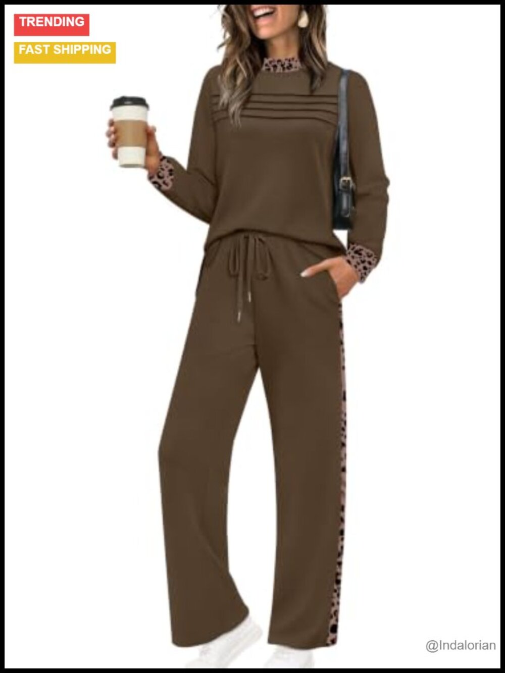 Womens 2 Piece Lounge Set Long Sleeve Side Slit Wide Leg Crop Pants Travel